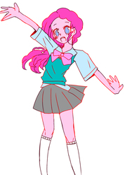 Size: 768x1024 | Tagged: safe, artist:sakurai, pinkie pie, equestria girls, g4, bow, clothes, cute, diapinkes, female, miniskirt, moe, no pupils, open mouth, pixiv, pleated skirt, simple background, skirt, socks, solo, white background
