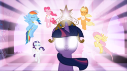 Size: 1667x940 | Tagged: safe, screencap, applejack, fluttershy, pinkie pie, rainbow dash, rarity, twilight sparkle, earth pony, pegasus, pony, unicorn, friendship is magic, g4, big crown thingy, castle of the royal pony sisters, element of generosity, element of honesty, element of kindness, element of laughter, element of loyalty, element of magic, elements of harmony, eyes closed, female, floating, glowing eyes, jewelry, light, magic, mane six, mare, necklace, regalia, smiling, the elements in action, this will end in pain, unicorn twilight