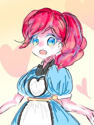 Size: 768x1024 | Tagged: safe, artist:sakurai, pinkie pie, human, coinky-dink world, eqg summertime shorts, equestria girls, g4, blushing, clothes, cute, diapinkes, dress, female, heart, humanized, moe, open mouth, pixiv, server pinkie pie, solo