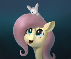 Size: 2388x1985 | Tagged: safe, artist:coldmix, angel bunny, fluttershy, pegasus, pony, rabbit, g4, bust, cute, dark, duo, female, gradient background, happy, looking up, mare, open mouth, shyabetes, sitting on head, smiling, stray strand, three quarter view