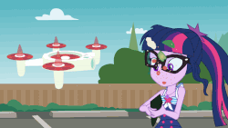 Size: 800x450 | Tagged: artist needed, source needed, safe, screencap, sci-twi, twilight sparkle, equestria girls, g4, my little pony equestria girls: better together, x marks the spot, animated, bikini, clothes, cute, drone, female, food, geode of telekinesis, glasses, magical geodes, ponytail, sci-twi swimsuit, selfie drone, sleeveless, solo, sushi, swimsuit