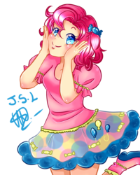 Size: 800x1000 | Tagged: safe, artist:solanapple, pinkie pie, human, g4, blushing, boots, cheek squish, clothes, colored pupils, cute, diapinkes, dress, female, hair accessory, humanized, light skin, miniskirt, moe, shoes, signature, simple background, skirt, solo, squishy cheeks, transparent background