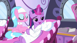 Size: 1280x720 | Tagged: safe, screencap, aloe, twilight sparkle, alicorn, pony, g4, rarity's biggest fan, alternate hairstyle, bathrobe, clothes, duo, female, glowing horn, horn, lidded eyes, mane styling, open mouth, robe, twilight sparkle (alicorn)