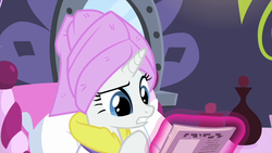 Size: 1280x720 | Tagged: safe, screencap, rarity, pony, unicorn, g4, rarity's biggest fan, female, magic, ponyville spa, raised eyebrow, solo, spa, towel on head