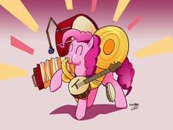 Size: 800x603 | Tagged: safe, artist:yeyeialba, pinkie pie, earth pony, pony, g4, swarm of the century, accordion, banjo, cute, cymbals, diapinkes, drums, eyes closed, female, harmonica, mare, musical instrument, one man band, solo, sousaphone, tambourine