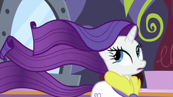 Size: 1280x720 | Tagged: safe, screencap, rarity, pony, unicorn, g4, rarity's biggest fan, bathrobe, clothes, female, looking back, mare, open mouth, robe, solo