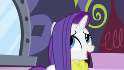 Size: 1280x720 | Tagged: safe, screencap, rarity, pony, unicorn, g4, rarity's biggest fan, bathrobe, clothes, female, mare, open mouth, robe, smiling, solo