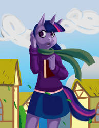 Size: 800x1036 | Tagged: safe, artist:yeyeialba, twilight sparkle, anthro, g4, book, clothes, female, leaf, miniskirt, scarf, skirt, solo, sweater, wind, windswept tail