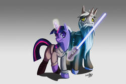 Size: 800x534 | Tagged: safe, artist:yeyeialba, star swirl the bearded, twilight sparkle, pony, unicorn, g4, clothes, colored pupils, crossover, duo, female, gradient background, lightsaber, luke skywalker, magic, male, mare, obi wan kenobi, reflections star swirl, stallion, star wars, telekinesis, weapon