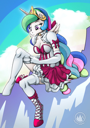 Size: 955x1351 | Tagged: safe, artist:mysticalpha, princess celestia, alicorn, anthro, unguligrade anthro, g4, breasts, clothes, dress, female, magical girl, mare, miniskirt, skirt, slippers, smiling, socks, solo, stockings, thigh highs