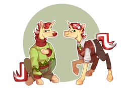 Size: 1280x896 | Tagged: safe, artist:katedragonass, flam, flim, pony, unicorn, best gift ever, g4, brothers, circle background, clothes, duo, duo male, facial hair, flim flam brothers, male, moustache, necktie, pants, stallion, sweater, vest, winter outfit