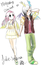 Size: 3000x4478 | Tagged: safe, artist:solanapple, discord, fluttershy, human, g4, clothes, cute, discute, dress, eye clipping through hair, female, heart, high res, holding hands, horn, horned humanization, humanized, male, ship:discoshy, shipping, shyabetes, sleeveless, straight, tsundere, winged humanization, wings