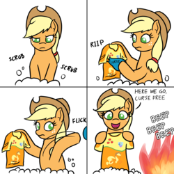 Size: 1200x1200 | Tagged: safe, artist:mkogwheel, applejack, earth pony, pony, g4, 4chan cup, apple kit, bubble, clothes, curse, fire, laundry, onomatopoeia, shirt, t-shirt