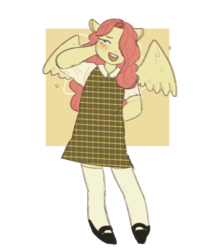 Size: 782x900 | Tagged: safe, artist:wktd, fluttershy, anthro, equestria girls, g4, ambiguous facial structure, clothes, cute, dress, female, hair over one eye, mary janes, open mouth, plaid, shoes, shyabetes, simple background, socks, solo, stockings, thigh highs, transparent background
