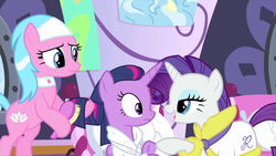 Size: 1280x720 | Tagged: safe, screencap, aloe, rarity, twilight sparkle, alicorn, pony, g4, rarity's biggest fan, alternate hairstyle, bathrobe, bipedal, brush, clothes, female, mane styling, robe, trio, twilight sparkle (alicorn)