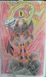 Size: 1024x1692 | Tagged: safe, artist:tobiisabunny, daybreaker, oc, oc:dante the savage imp, demon, pony, g4, evil laugh, in love, inferno, joker, oc villain, on fire, traditional art