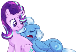 Size: 800x542 | Tagged: safe, artist:vampireselene13, starlight glimmer, trixie, pony, unicorn, g4, cute, duo, female, mare, open mouth, shipping fuel, simple background, sleeping, smiling, transparent background