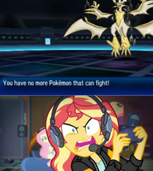 Size: 1256x1409 | Tagged: safe, edit, edited screencap, screencap, fluttershy, sunset shimmer, necrozma, equestria girls, equestria girls series, g4, game stream, spoiler:eqg series (season 2), gamer sunset, meme, pokémon ultra sun and ultra moon, psycho gamer sunset, sunset shimmer frustrated at game, tell me what you need, ultra necrozma