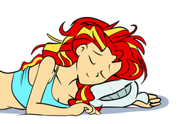 Size: 2462x1713 | Tagged: safe, artist:gsphere, sunset shimmer, equestria girls, g4, bed hair, breasts, cleavage, clothes, cute, eyes closed, female, human coloration, messy hair, midriff, pillow, shimmerbetes, simple background, sleeping, solo, tank top, white background