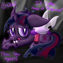 Size: 1000x1000 | Tagged: safe, artist:twyla-midfel, part of a set, twilight sparkle, alicorn, changeling, changeling queen, pony, ask changeling twilight, tumblr:ask changeling twilight, g4, ask, big ears, caption, cave, cavern, changeling princess, changelingified, cowering, curved horn, female, floppy ears, horn, jagged horn, nervous, part of a series, shy, shy twi, solo, species swap, stressed, tumblr, twilight sparkle (alicorn), twiling