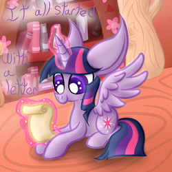 Size: 1000x1000 | Tagged: safe, artist:twyla-midfel, part of a set, twilight sparkle, alicorn, pony, ask changeling twilight, tumblr:ask changeling twilight, g4, big ears, female, glowing horn, golden oaks library, horn, letter, magic, part of a series, scroll, solo, story, telekinesis, tumblr, twilight sparkle (alicorn)