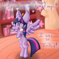 Size: 1000x1000 | Tagged: safe, artist:twyla-midfel, part of a set, twilight sparkle, alicorn, pony, ask changeling twilight, tumblr:ask changeling twilight, g4, big ears, excited, female, golden oaks library, hug, hugging a letter, hugging a scroll, letter, part of a series, scroll, solo, story, tumblr, twilight sparkle (alicorn)