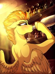 Size: 3000x4000 | Tagged: safe, artist:lupiarts, spitfire, pegasus, pony, g4, alcohol, bar, blushing, drinking, drunk, female, high res, lidded eyes, mare, signature, solo, tipsyfire
