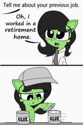 Size: 1500x2264 | Tagged: safe, artist:chopsticks, oc, oc only, oc:anon, oc:filly anon, pony, cheek fluff, clothes, comic, dark comedy, dialogue, ear fluff, female, filly, filly anon is not amused, glue, glue factory, hat, hoof fluff, implied death, job interview, necktie, offscreen character, simple background, text, unamused
