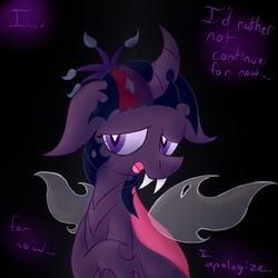 Size: 1000x1000 | Tagged: safe, artist:twyla-midfel, part of a set, twilight sparkle, alicorn, changeling, changeling queen, pony, ask changeling twilight, tumblr:ask changeling twilight, g4, big ears, caption, cave, cavern, changeling princess, changelingified, curved horn, female, floppy ears, horn, jagged horn, nervous, part of a series, scared, shy, shy twi, solo, species swap, stressed, tumblr, twilight sparkle (alicorn), twiling