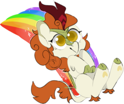 Size: 806x676 | Tagged: safe, artist:incubugs, autumn blaze, kirin, g4, sounds of silence, awwtumn blaze, chibi, colored pupils, cute, female, rainbow, requested art, simple background, solo, transparent background