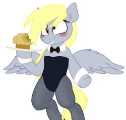 Size: 1280x1214 | Tagged: safe, artist:smogslog, color edit, edit, editor:deserter, derpy hooves, pegasus, pony, g4, blushing, bowtie, clothes, colored, cuffs (clothes), female, food, leotard, mare, muffin, pantyhose, simple background, solo, transparent background