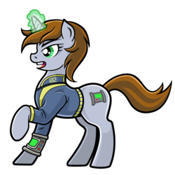 Size: 1600x1600 | Tagged: safe, artist:wangkingfun, oc, oc only, oc:littlepip, pony, unicorn, fallout equestria, clothes, eyes open, fanfic, fanfic art, female, glowing horn, green eyes, hooves, horn, jumpsuit, levitation, magic, mare, open mouth, pipbuck, raised hoof, simple background, solo, teeth, telekinesis, transparent background, vault suit
