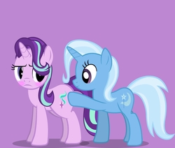 Size: 945x800 | Tagged: safe, starlight glimmer, trixie, pony, g4, blushing, butt, butt touch, female, hoof on butt, lesbian, plot, ship:startrix, shipping