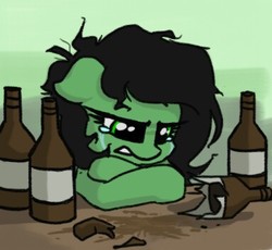 Size: 383x352 | Tagged: safe, artist:plunger, oc, oc only, oc:filly anon, earth pony, pony, alcohol, beer, beer bottle, booze, bottle, female, filly, tears of anger