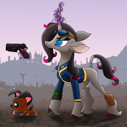 Size: 3000x3000 | Tagged: safe, artist:elite-bean-dip, oleander (tfh), classical unicorn, dog, pony, unicorn, them's fightin' herds, 10mm pistol, clothes, cloven hooves, colored hooves, community related, crossover, fallout, female, goggles, gun, handgun, high res, horn, jumpsuit, leonine tail, magic, magic aura, mare, pipbuck, pistol, puppy, telekinesis, unshorn fetlocks, vault suit