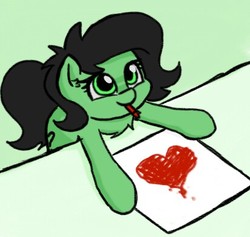 Size: 412x391 | Tagged: safe, artist:plunger, oc, oc only, oc:filly anon, earth pony, pony, crayon, cute, female, filly, heart, mouth hold, ocbetes, solo
