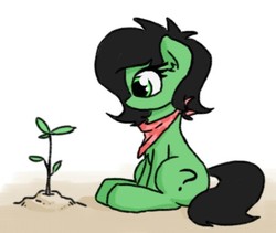 Size: 450x379 | Tagged: safe, artist:plunger, oc, oc only, oc:filly anon, earth pony, pony, bandana, female, filly, plant, sapling, sitting, solo