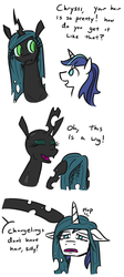 Size: 531x1187 | Tagged: safe, artist:jargon scott, queen chrysalis, shining armor, changeling, changeling queen, pony, g4, alternate hairstyle, bald, comic, cursed image, dialogue, disgusted, faic, female, hair, male, reality ensues, reality sucks, simple background, white background, wig