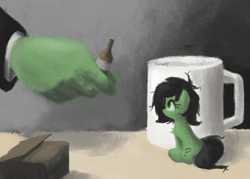 Size: 760x545 | Tagged: safe, artist:plunger, oc, oc only, oc:anon, oc:filly anon, pony, alcohol, beer, beer bottle, booze, box, female, filly, micro, mug, offscreen character, smol, tiny, tiny ponies