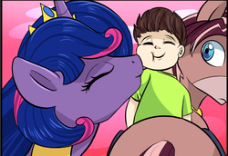 Size: 576x396 | Tagged: safe, artist:candyclumsy, oc, oc:king speedy hooves, oc:queen galaxia (bigonionbean), oc:tommy the human, alicorn, human, pony, alicorn oc, child, commissioner:bigonionbean, cute, family, father and son, female, fusion, fusion:big macintosh, fusion:flash sentry, fusion:princess cadance, fusion:princess celestia, fusion:princess luna, fusion:shining armor, fusion:trouble shoes, fusion:twilight sparkle, herd, human oc, kissing, love, male, mother and son, nuzzling