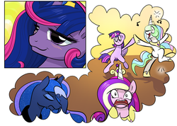 Size: 1800x1284 | Tagged: safe, artist:candyclumsy, oc, oc:queen galaxia (bigonionbean), alicorn, pony, alicorn tetrarchy, blushing, cakelestia, commissioner:bigonionbean, confused, cropped, dancing, drunk, embarrassed, facehoof, frustrated, fusion, fusion:princess cadance, fusion:princess celestia, fusion:princess luna, fusion:twilight sparkle, happy, intoxicated, missing cutie mark, panicking, thought bubble, true love princesses