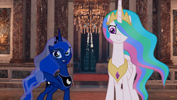 Size: 1920x1080 | Tagged: safe, artist:ndanimations, princess celestia, princess luna, pony, two best sisters play, g4, assassin's creed unity, crown, eyelashes, eyeshadow, fake celestia, fake luna, female, flowing mane, hair over one eye, horn, jewelry, makeup, male to female, mare, muna, necklace, patlestia, possessed, regalia, rule 63, wings