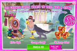 Size: 1037x689 | Tagged: safe, gameloft, grampa gruff, griffon, kirin, g4, advertisement, costs real money, introduction card, lucky coin, rhyme, sale