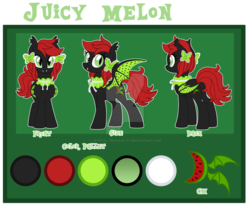 Size: 1024x853 | Tagged: safe, artist:crystal-tranquility, oc, oc only, oc:juicy melon, bat pony, pony, female, mare, obtrusive watermark, reference sheet, solo, watermark