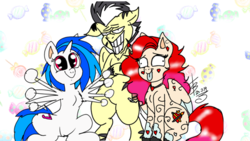Size: 720x405 | Tagged: source needed, safe, artist:theuzbee, dj pon-3, vinyl scratch, oc, oc:theuz bee, oc:theuzbee, pony, g4, bipedal, funny face, grin, red eyes, silly, smiling, tongue out, waving, wrong cutie mark