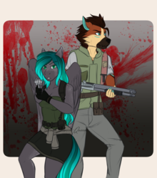 Size: 1908x2173 | Tagged: safe, artist:blackblood-queen, oc, oc only, oc:crystal song, diamond dog, pegasus, anthro, anthro oc, blood, breasts, clothes, commission, diamond dog oc, female, gun, male, mare, resident evil, shotgun, weapon