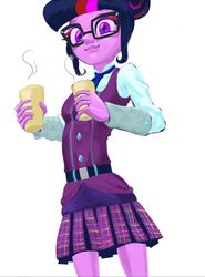 Size: 754x1017 | Tagged: safe, artist:xjleiu, sci-twi, twilight sparkle, equestria girls, g4, clothes, cup, female, glasses, hair bun, pleated skirt, simple background, skirt, solo, white background