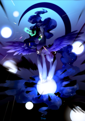 Size: 1517x2149 | Tagged: safe, artist:tingsan, princess luna, alicorn, pony, g4, black moon, crescent moon, female, full moon, glowing horn, horn, magic, mare, moon, orb, solo, spread wings, tangible heavenly object, wings