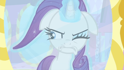 Size: 1280x720 | Tagged: safe, screencap, rarity, pony, unicorn, g4, rarity's biggest fan, spoiler:interseason shorts, annoyed, female, floppy ears, glowing horn, horn, mare, mirror, one eye closed, solo