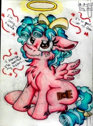 Size: 1156x1564 | Tagged: safe, artist:ruffletruffle, cozy glow, pegasus, pony, g4, chest fluff, female, filly, freckles, halo, pure concentrated unfiltered evil of the utmost potency, pure unfiltered evil, solo, traditional art